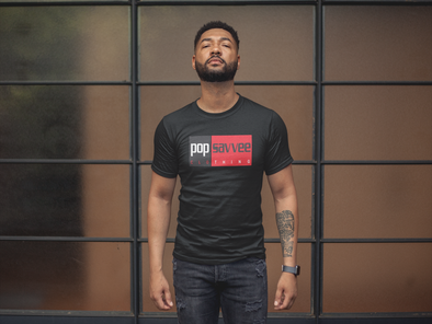 Black Short Sleeve Crewneck T-Shirt w/ Black & Red Rectangle “Pop Savvee Clothing” Logo