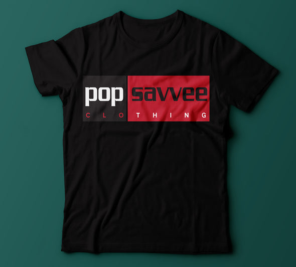 Black Short Sleeve Crewneck T-Shirt w/ Black & Red Rectangle “Pop Savvee Clothing” Logo