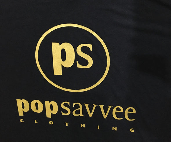 Women's Designer Gold Label Short Sleeve V-Neck T-Shirt w/ Metallic Gold “Pop Savvee Clothing” Logo