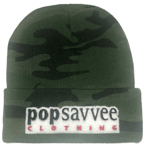 Pop Savvee Clothing Hats OSFA / Camo / 100% Acrylic Unisex Military Camo Beanie With “Pop Savvee Clothing” Chenille Embroidery Patches