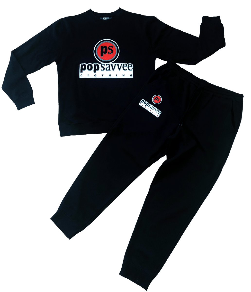 Black Sweat Suit - Chenille Embroidered “Pop Savvee Clothing” Logo