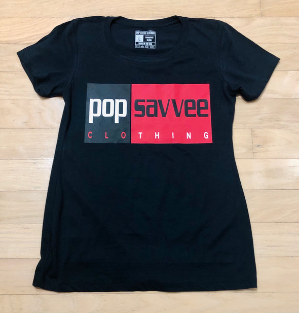 Women's Black Short Sleeve Crewneck Graphic T-Shirt w/ Rectangle “Pop Savvee Clothing” Logo
