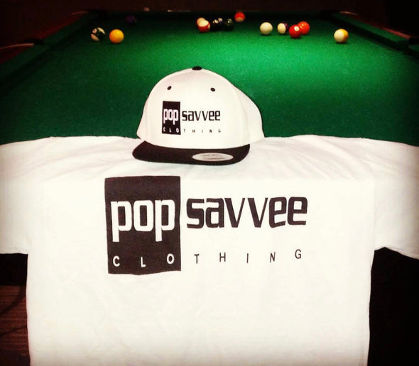 White Short Sleeve Crewneck T-Shirt w/ Black Rectangle "Pop Savvee Clothing” Logo