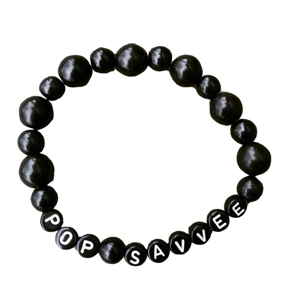 7" Round Beads Stretch Bracelet w/ White Engraved "Pop Savvee" Letters