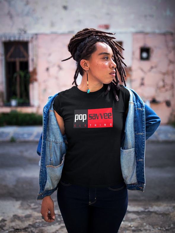 Women's Black Short Sleeve Crewneck Graphic T-Shirt w/ Rectangle “Pop Savvee Clothing” Logo