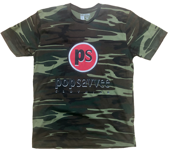 Military Green Camouflage Short Sleeve Crewneck T-Shirt w/ Red “Pop Savvee Clothing” Logo