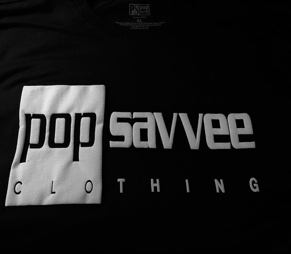 Black Short Sleeve Crewneck T-Shirt w/ White 3D Rectangle "Pop Savvee Clothing" Logo