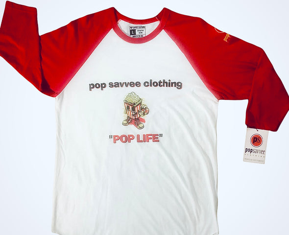 Vintage Style Multi-Color 3/4 Sleeve Raglan Baseball Shirt w/ Cartoon Skater & “Pop Life” Graphic Design