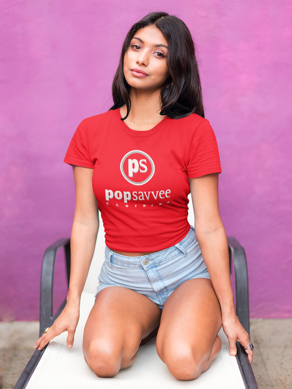 Women's Short Sleeve Crewneck Graphic T-Shirt w/ White & Metallic Silver “Pop Savvee Clothing” Logo