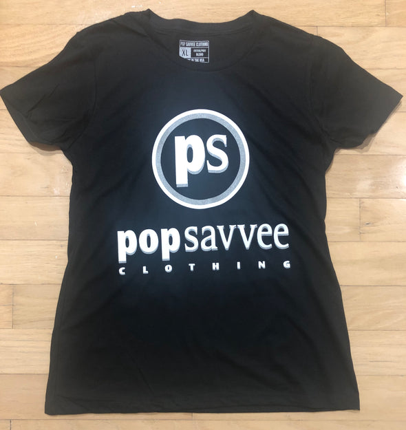 Women's Short Sleeve Crewneck Graphic T-Shirt w/ White & Metallic Silver “Pop Savvee Clothing” Logo