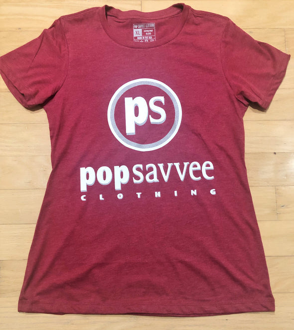 Women's Short Sleeve Crewneck Graphic T-Shirt w/ White & Metallic Silver “Pop Savvee Clothing” Logo