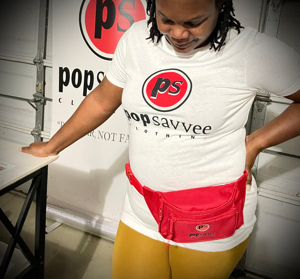 Red 3-Pocket Fanny Pack w/ Adjustable Plastic Snap Buckle & “Pop Savvee Clothing” Logo