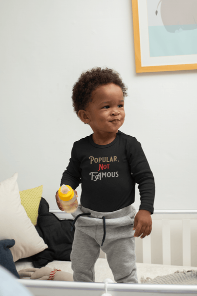 Pop Savvee Clothing Bodysuit NB / Black / Cotton Infant Long Sleeve Bodysuit With “Popular Not Famous” Logo