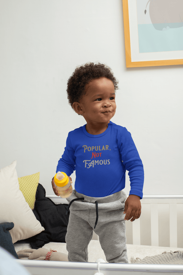 Pop Savvee Clothing Bodysuit NB / Royal Blue / Cotton Infant Long Sleeve Bodysuit With “Popular Not Famous” Logo