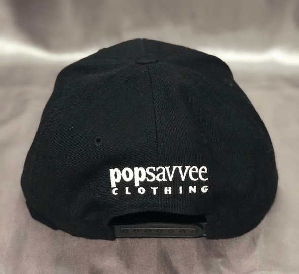 Pop Savvee Clothing Hats OSFA / Black / Acrylic/Wool Black Snapback Hat With Plastic Snap and White and Metallic Silver “Pop Savvee Clothing” Logo