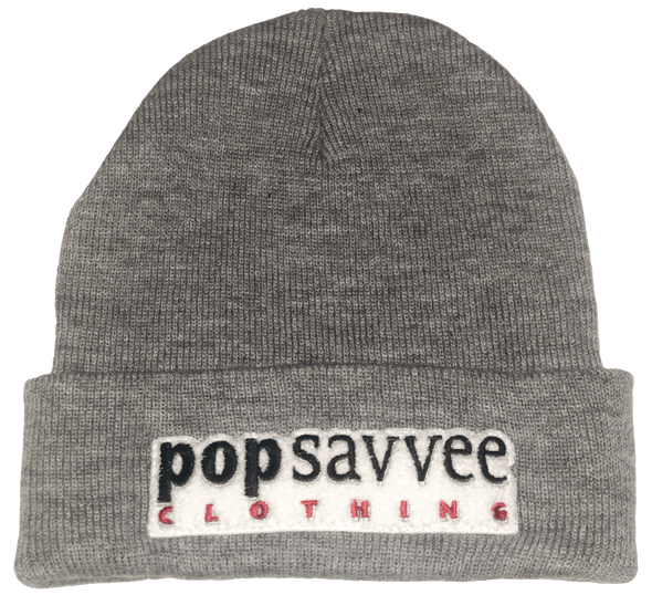 Pop Savvee Clothing Hats OSFA / Heather Grey / 100% Acrylic Unisex Heather Grey Beanie With “Pop Savvee Clothing” Chenille Embroidery Patches