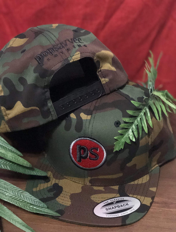 Pop Savvee Clothing Hats OSFA / Military Green Camo / Cotton/Polyester Military Camo Snapback Hat With Plastic Snap and Red “Pop Savvee Clothing” Logo