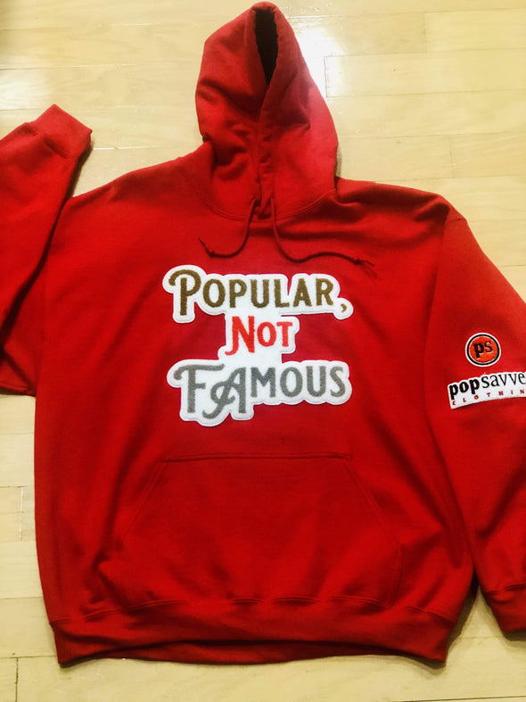 Pop Savvee Clothing Hoodies Red Heavy Blend Unisex Streetwear Hoodie With “Popular Not Famous” Chenille Embroidery