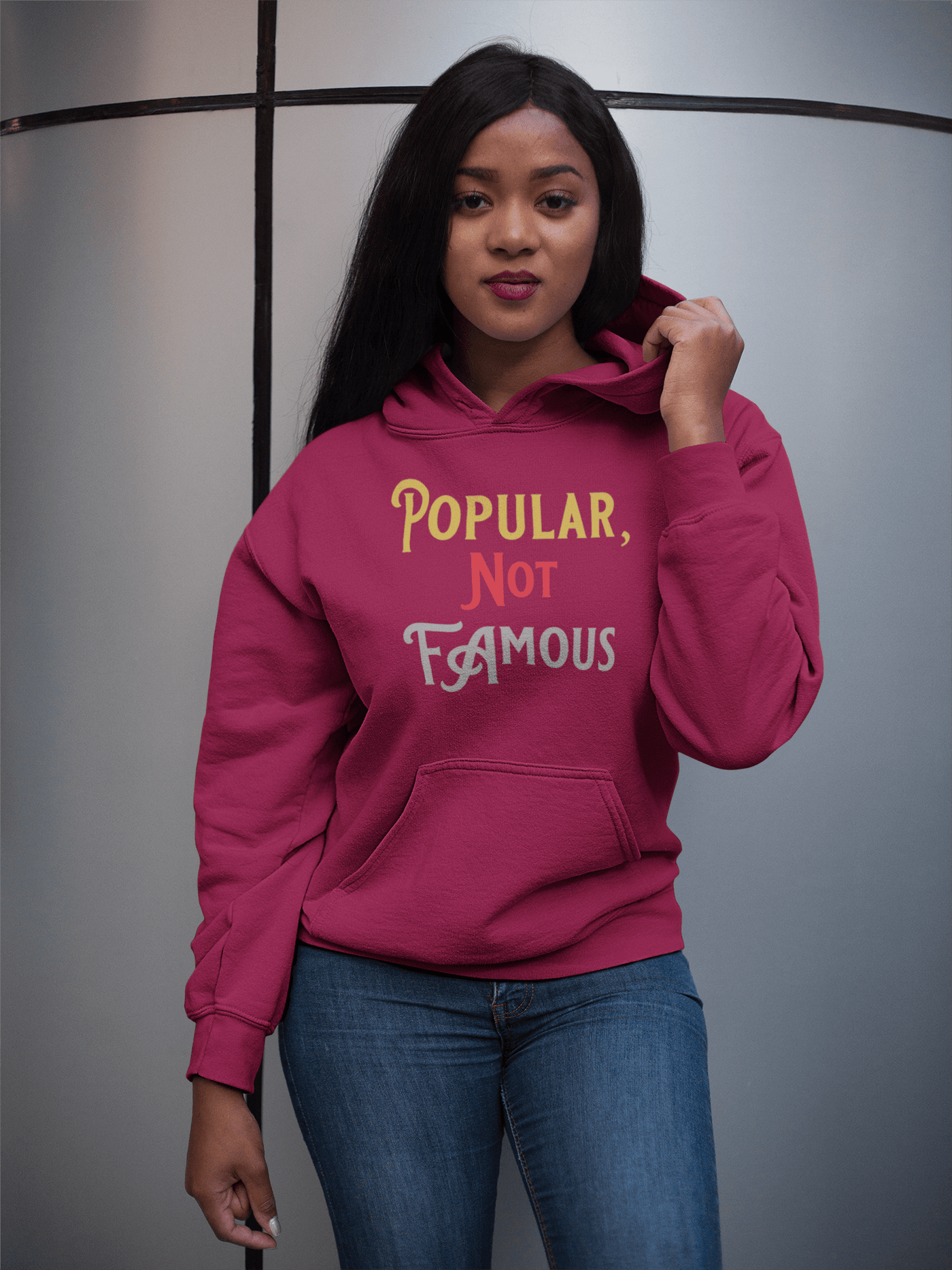 Red Pullover Style Hoodie w/ Chenille Embroidered “Popular Not Famous” Logo