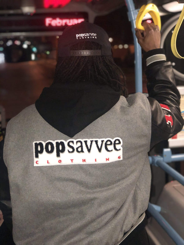 Pop Savvee Clothing Jackets Custom Grey and Black Leather Varsity Letterman Jacket With “Pop Savvee Clothing” Chenille Embroidery