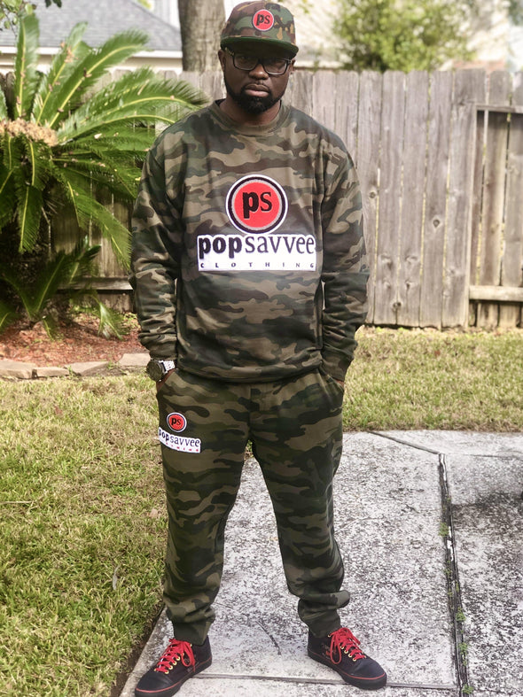 Pop Savvee Clothing Jogging Suits Camo Sweat Suit With “Pop Savvee Clothing” Chenille Embroidery