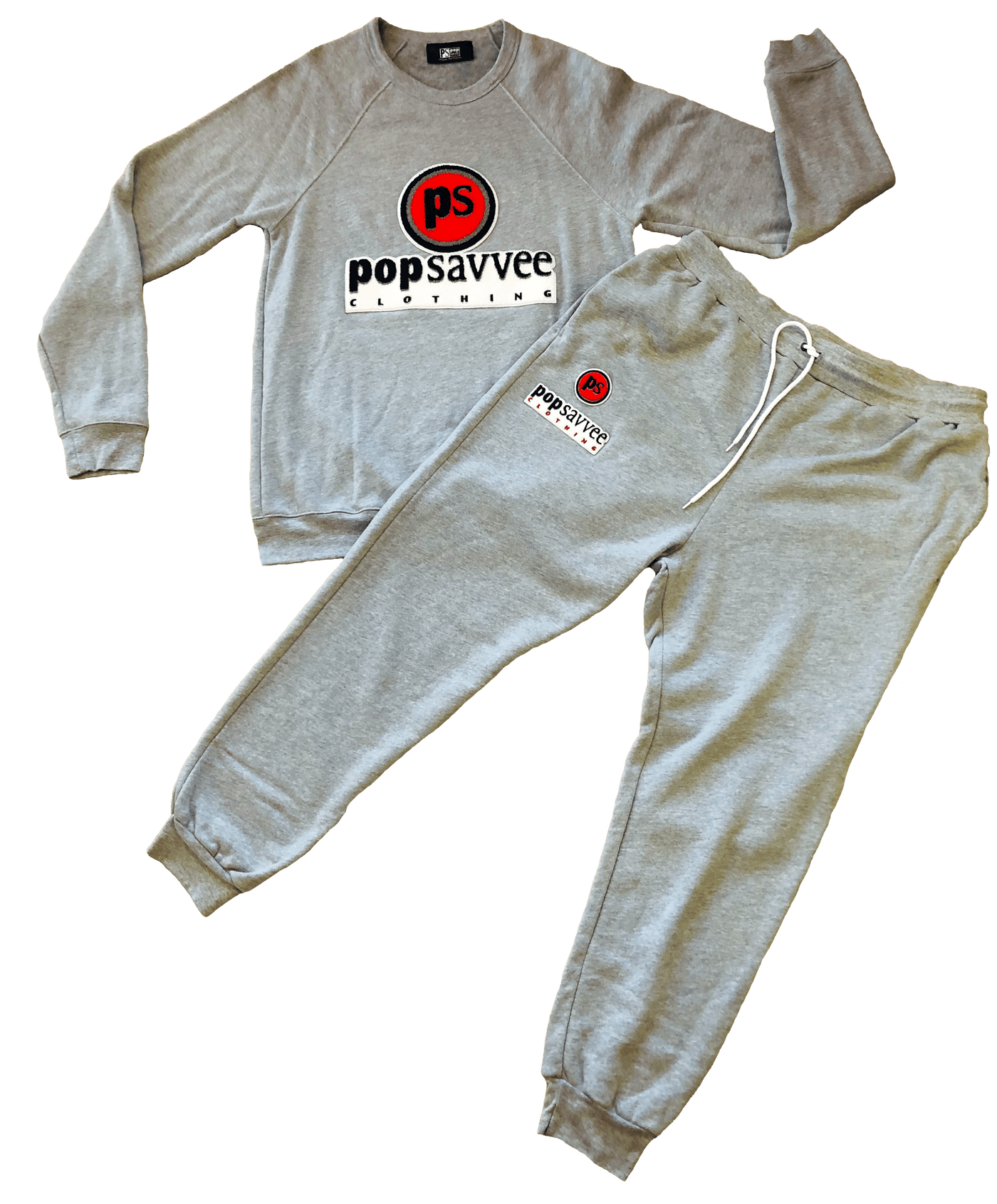 Heather Grey Sweat Suit - Chenille Embroidered “Pop Savvee Clothing” L