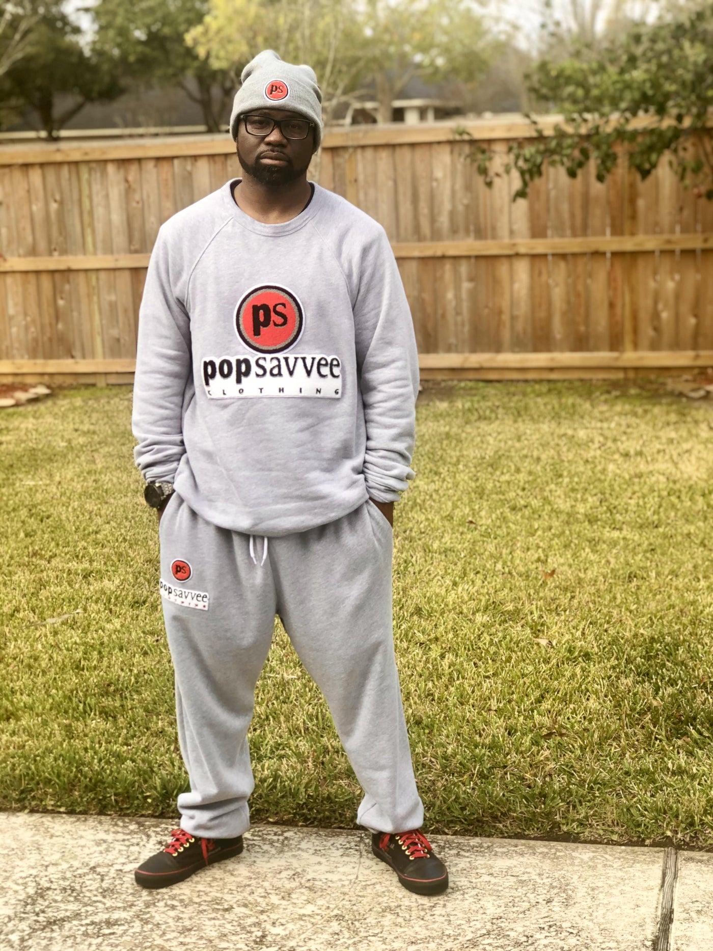 Heather Grey Sweat Suit - Chenille Embroidered “Pop Savvee Clothing” L