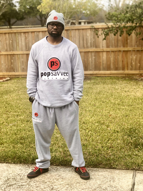 Pop Savvee Clothing Jogging Suits Unisex Heather Grey Sweat Suit With “Pop Savvee Clothing” Chenille Embroidery