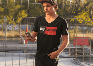 Pop Savvee Clothing Shirts L / Black / Cotton/Polyester Black Short Sleeve V-Neck T-Shirt With Red “Rectangle” Logo