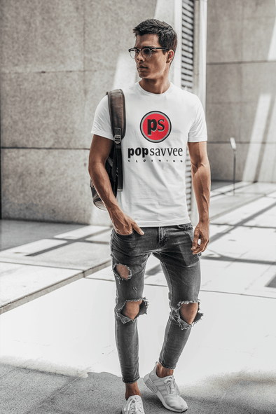 Pop Savvee Clothing Shirts L / White / Cotton/Polyester Short Sleeve Crewneck T-Shirt With Red “Pop Savvee Clothing” Logo