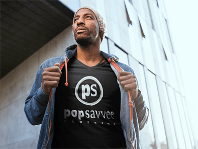 Pop Savvee Clothing Shirts M / Black / Cotton/Polyester Black Short Sleeve V-Neck T-Shirt With White and Metallic Silver “Pop Savvee Clothing” Logo