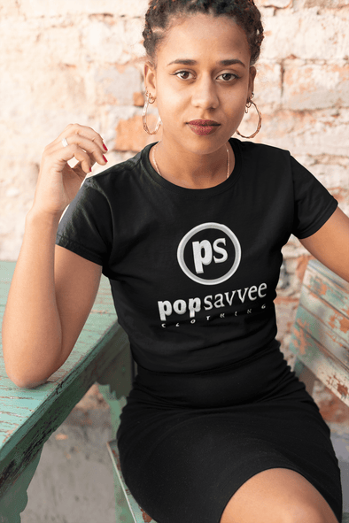 Pop Savvee Clothing Shirts M / Black / Cotton/Polyester Short Sleeve Crewneck T-Shirt With White and Metallic Silver “Pop Savvee Clothing” Logo (W)