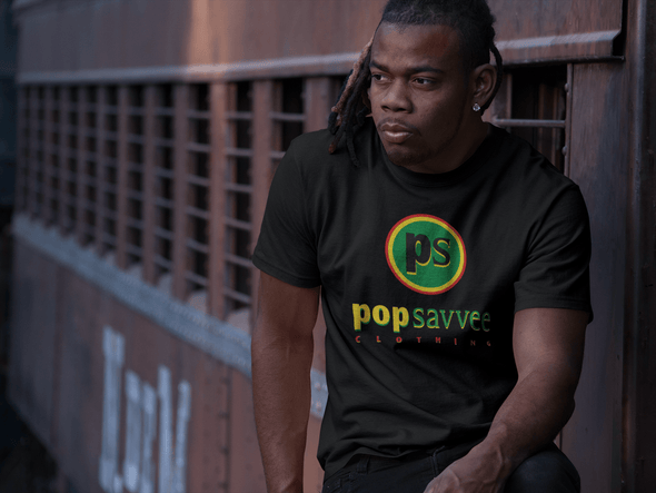 Pop Savvee Clothing Shirts M / Black / Cotton/Polyester Unisex Short Sleeve Crewneck T-Shirt With Rasta “Pop Savvee Clothing" Logo