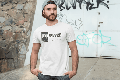 Pop Savvee Clothing Shirts M / White / Cotton/Polyester Men's Short Sleeve Crewneck T-Shirt With Black “Rectangle” Logo