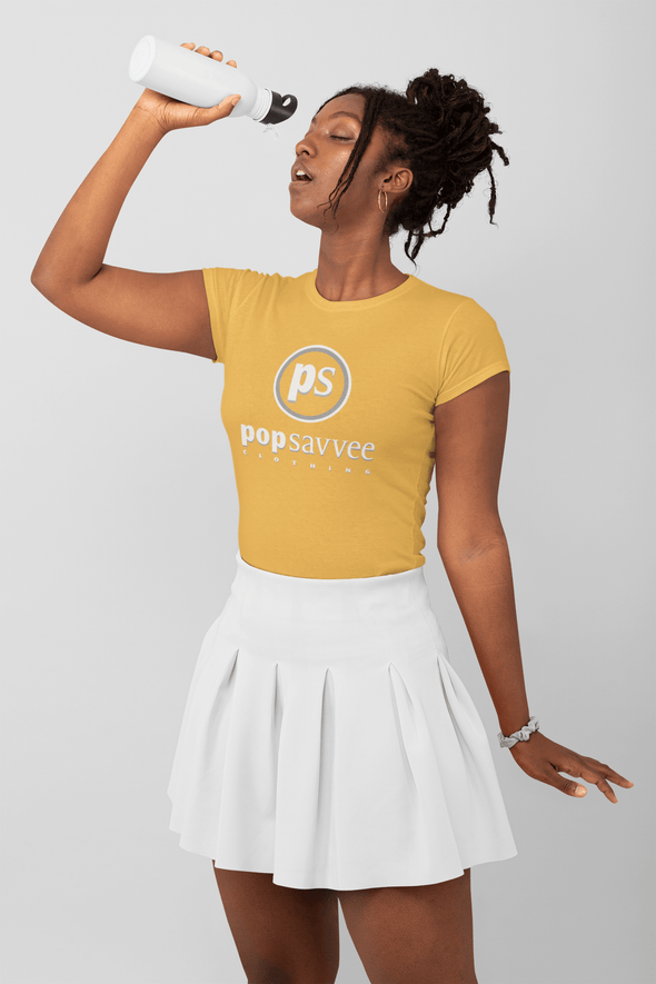 Pop Savvee Clothing Shirts S / Butterscotch / Cotton/Polyester Short Sleeve Crewneck T-Shirt With White and Metallic Silver “Pop Savvee Clothing” Logo (W)