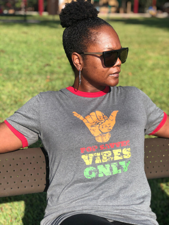 Pop Savvee Clothing Shirts S / Deep Heather/Cardinal / Polyester/Cotton Two Color Short Sleeve Ringer Tee With "Pop Savvee Vibes Only" Design