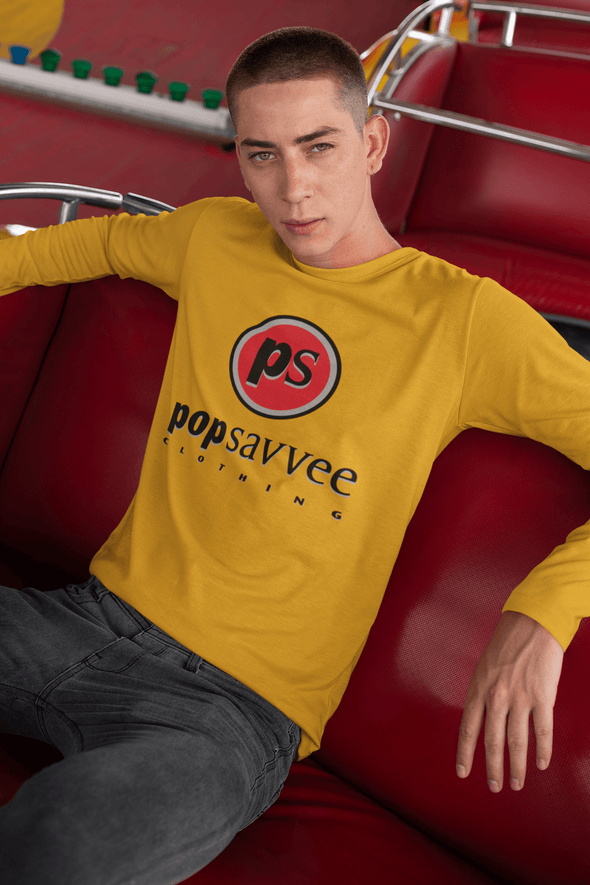 Pop Savvee Clothing Shirts S / Gold / Cotton Unisex Long Sleeve Crewneck T-Shirt With Red “Pop Savvee Clothing” Logo