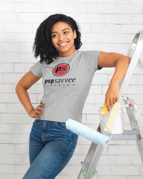 Pop Savvee Clothing Shirts S / Grey / Cotton/Polyester Short Sleeve Crewneck T-Shirt With Red “Pop Savvee Clothing” Logo