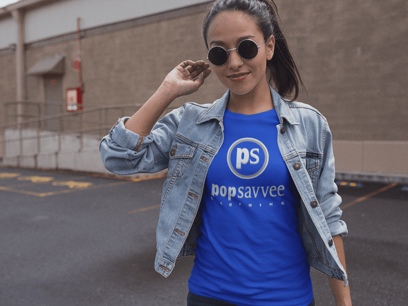 Pop Savvee Clothing Shirts S / Royal Blue / Cotton/Polyester Short Sleeve Crewneck T-Shirt With White and Metallic Silver “Pop Savvee Clothing” Logo (W)