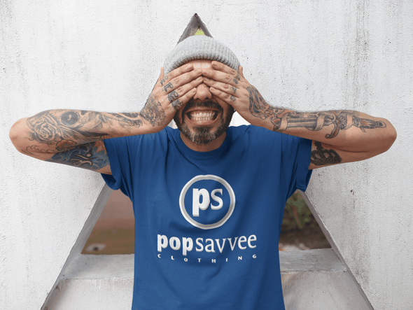 Pop Savvee Clothing Shirts S / Royal Blue / Cotton/Polyester Short Sleeve Crewneck T-Shirt With White and Silver “Pop Savvee Clothing” Logo