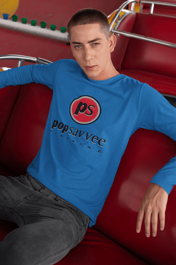 Pop Savvee Clothing Shirts S / Royal Blue / Cotton Unisex Long Sleeve Crewneck T-Shirt With Red “Pop Savvee Clothing” Logo