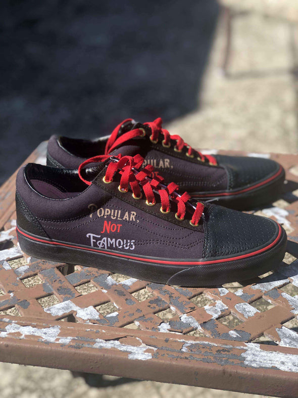 Pop Savvee Clothing Shoes 8 / Black/Red/Silver/Gold / Perforated Leather/Canvas Custom Black Low Top Streetwear Shoes With “Popular Not Famous” Logo