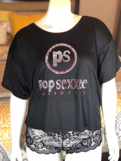 Pop Sexxee Intimates Sleepwear Rhinestone Flowy Boxy Tee With Metallic Silver and Metallic Rose Gold “Pop Sexxee Intimates” Logo (W)