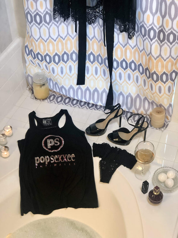 Pop Sexxee Intimates Sleepwear Rhinestone Flowy Racerback Tank With Metallic Silver and Metallic Rose Gold “Pop Sexxee Intimates” Logo (W)