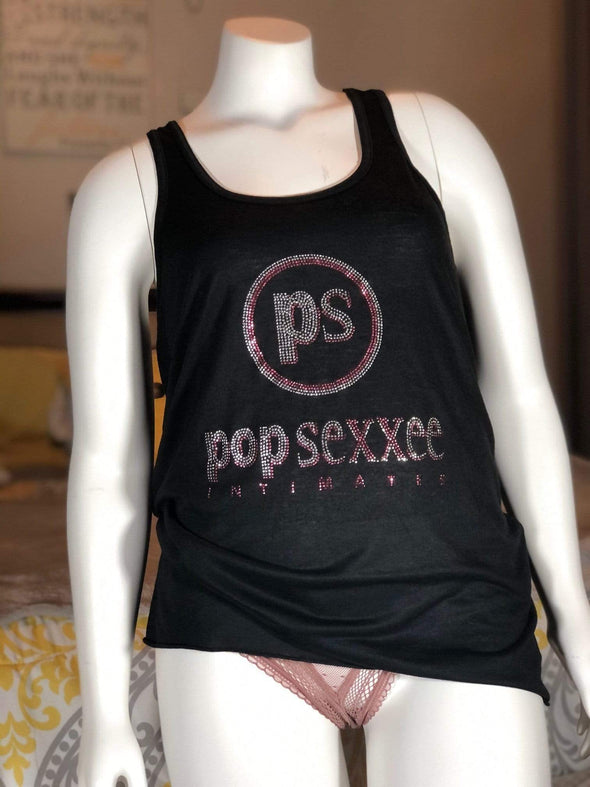 Pop Sexxee Intimates Sleepwear Rhinestone Flowy Racerback Tank With Metallic Silver and Metallic Rose Gold “Pop Sexxee Intimates” Logo (W)