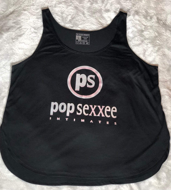 Pop Sexxee Intimates Sleepwear S / Black / Poly/Viscose Side Slit Flowy Tank With Metallic Silver and Metallic Rose Gold “Pop Sexxee Intimates” Logo (W)