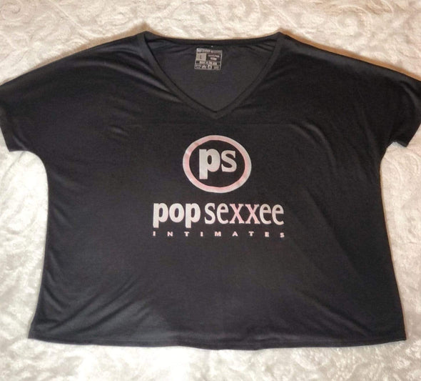Pop Sexxee Intimates Sleepwear S / Black / Poly/Viscose Slouchy V-Neck Tee With Metallic Silver and Metallic Rose Gold “Pop Sexxee Intimates” Logo (W)
