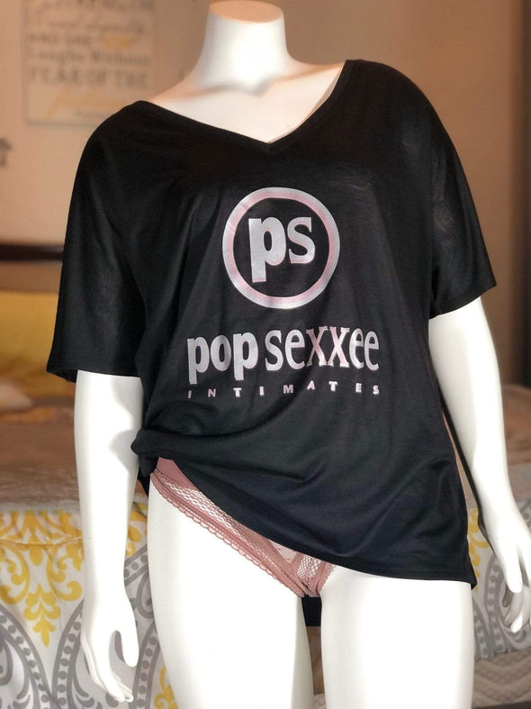 Pop Sexxee Intimates Sleepwear Slouchy V-Neck Tee With Metallic Silver and Metallic Rose Gold “Pop Sexxee Intimates” Logo (W)