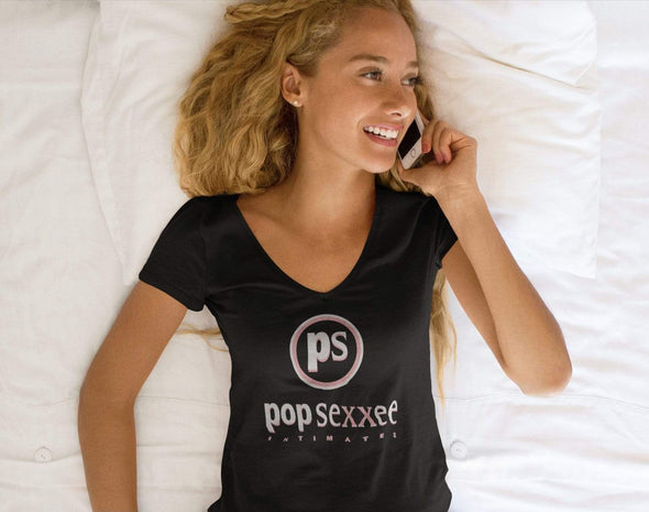 Pop Sexxee Intimates Sleepwear Slouchy V-Neck Tee With Metallic Silver and Metallic Rose Gold “Pop Sexxee Intimates” Logo (W)