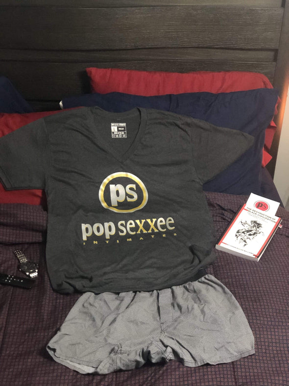 Pop Sexxee Intimates Sleepwear Triblend V-Neck Tee With Metallic Silver and Metallic Gold “Pop Sexxee Intimates” Logo (M)